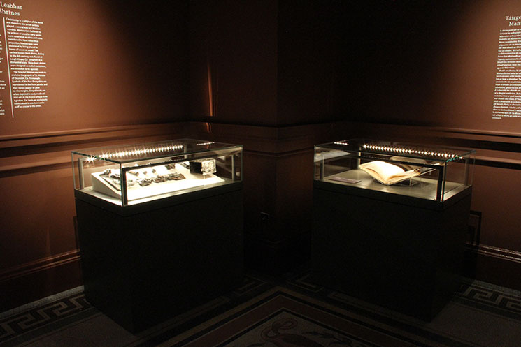 fibre optic light tubes illuminating exhibits in display case